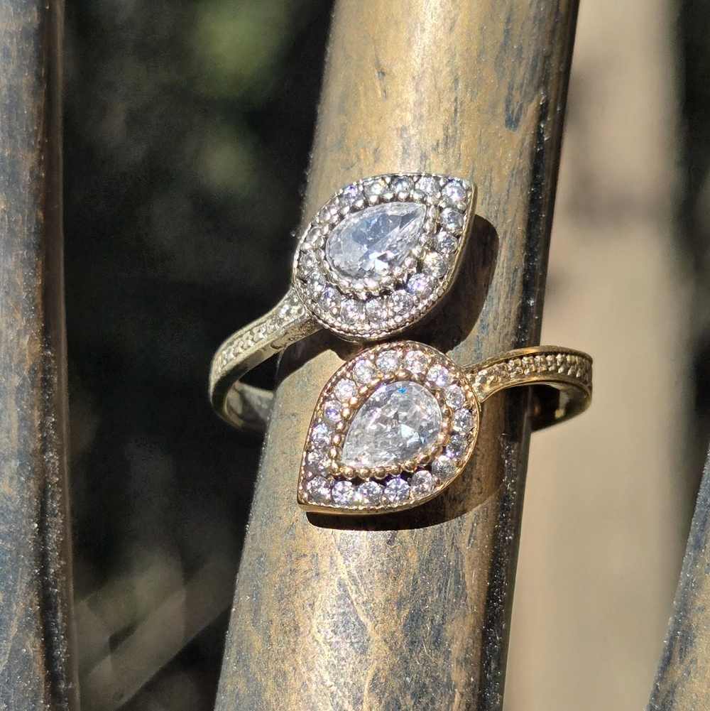 Lightening quartz & topaz dual teardrop Sterling Bronze&Gold ringSz8 Adjustable - Picture 3 of 11